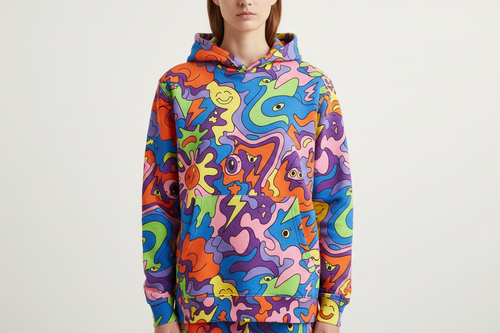 hoodie with a funky design wore by a tall and thin model with only torso visible