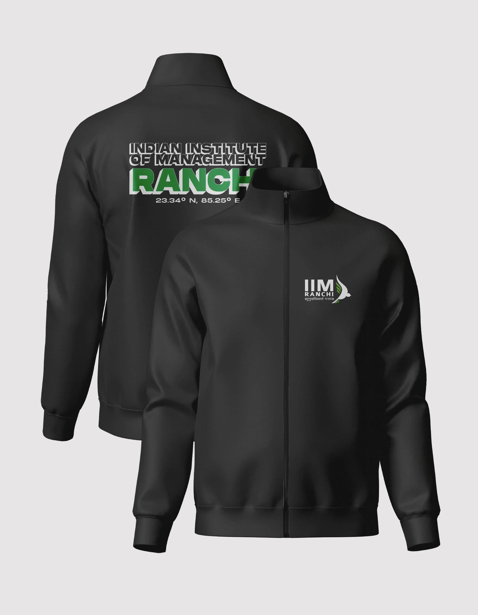 Black IIM Ranchi track jacket front and back