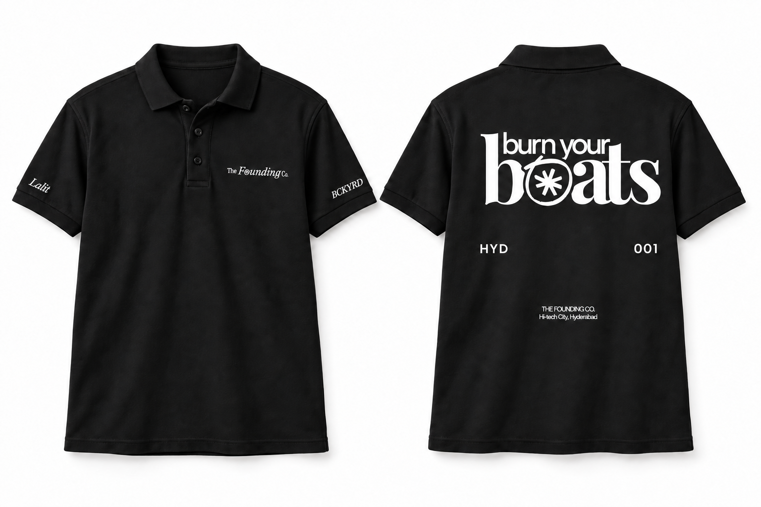 Person-free front and back mockup of The Founding Co. black polo with burn your boats artwork, Lalit on one sleeve and BCKYRD on the other