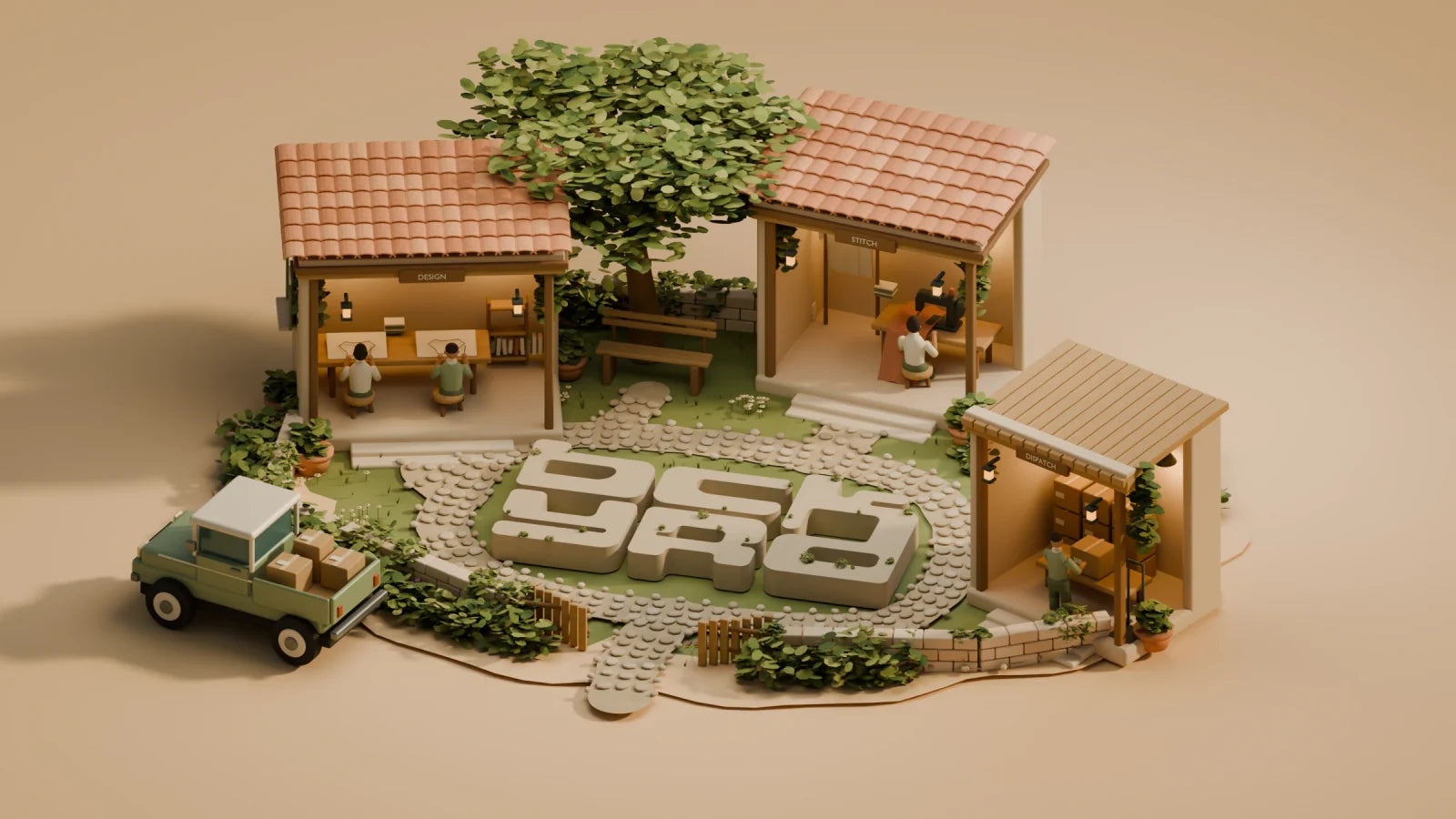 BCKYRD’s garden: a stone logo surrounded by design, sewing and packing workshops.