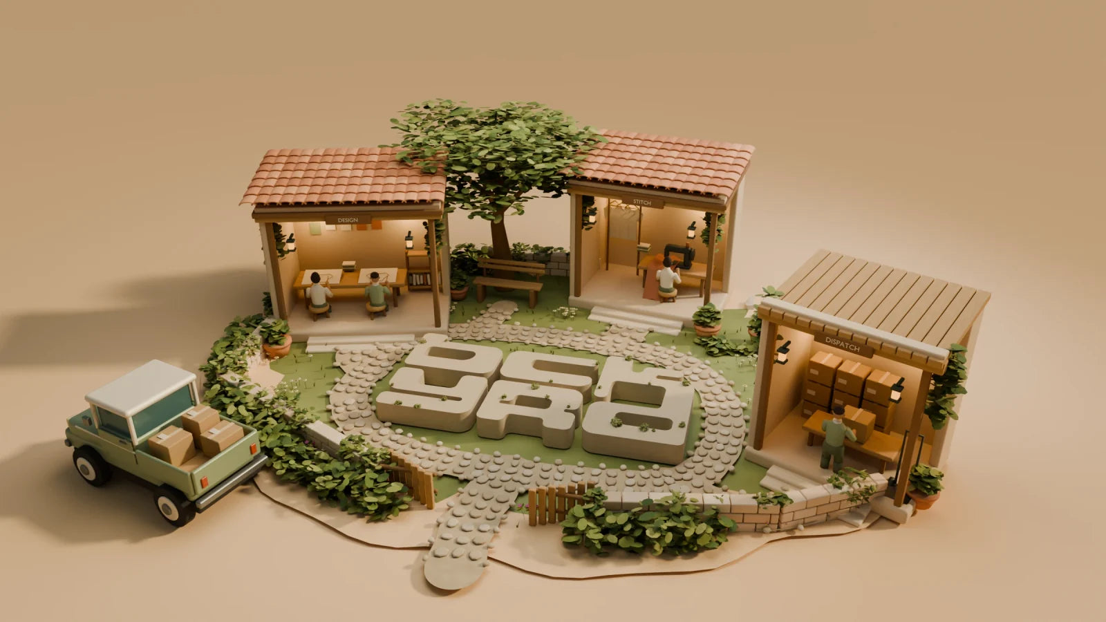 BCKYRD's illustrated garden, with three working studios around the stone logo and a delivery pickup outside.