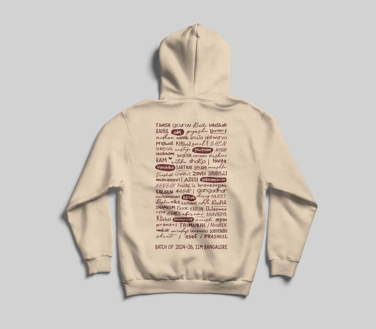 Original IIM Bangalore batch 2024–26 hoodie back artwork featuring the batch’s names