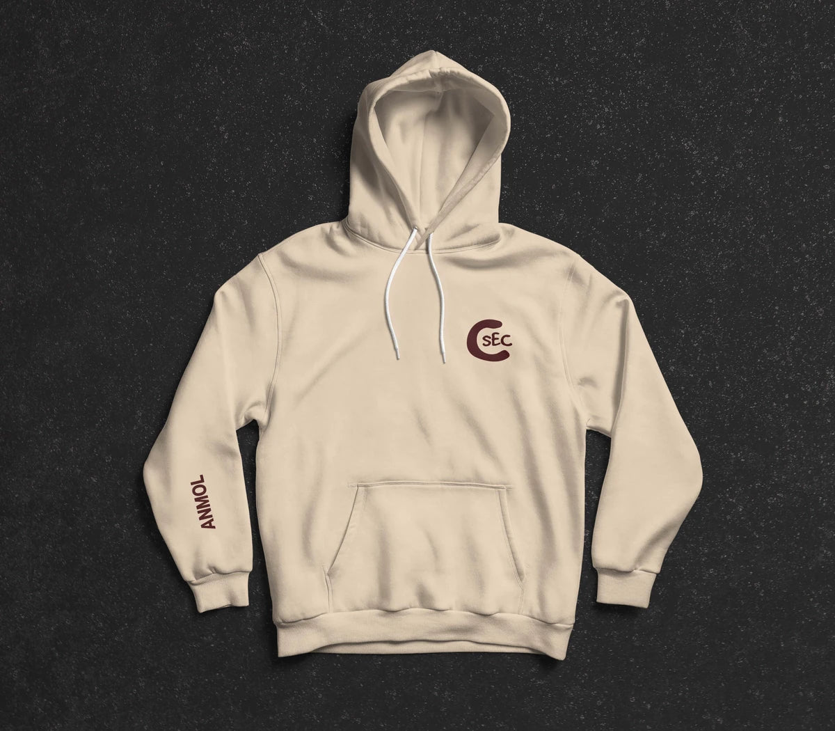Original cream batch hoodie mockup, with the SEC chest design and personalised sleeve