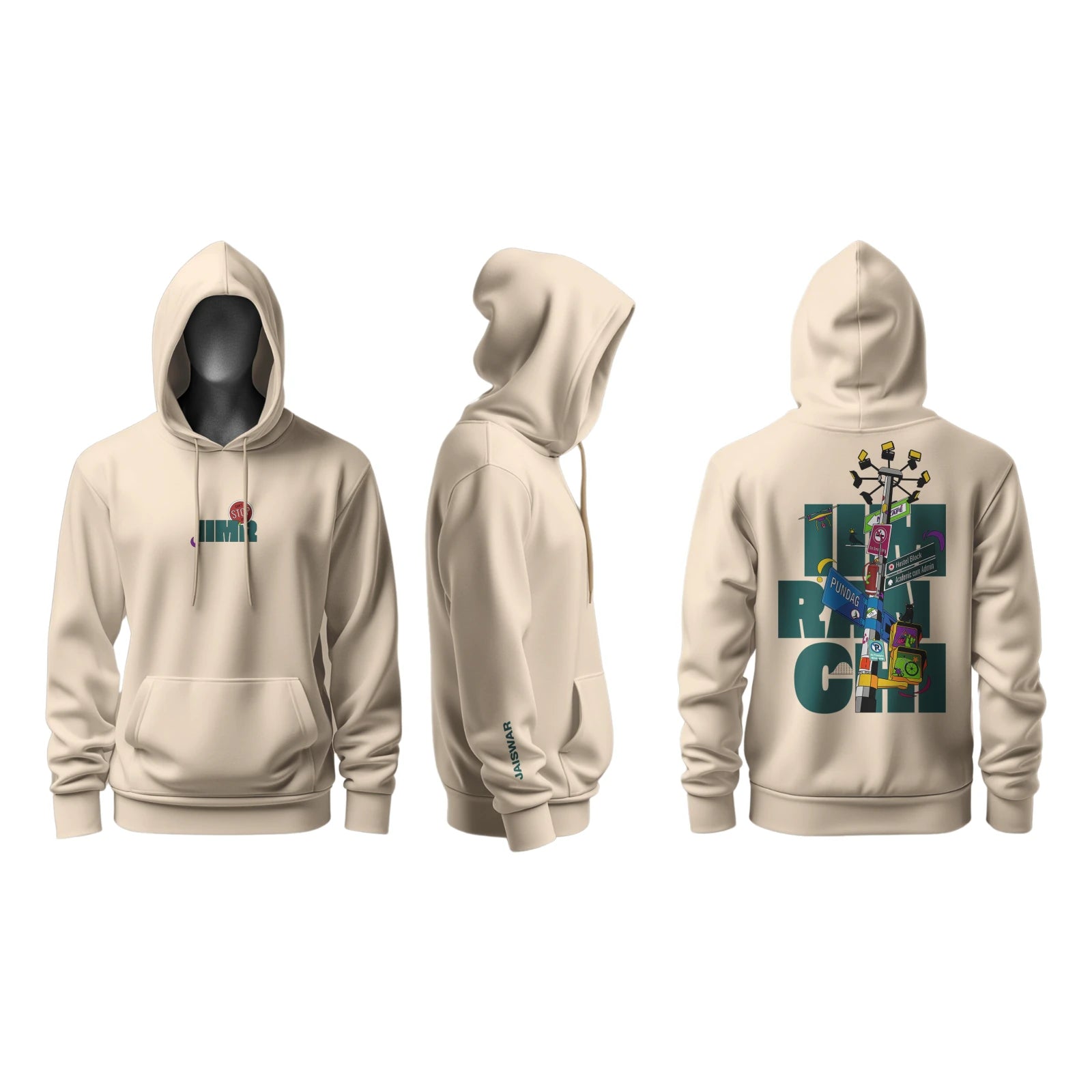 Cream IIM Ranchi hoodie mockup showing the front, sleeve and illustrated campus artwork on the back